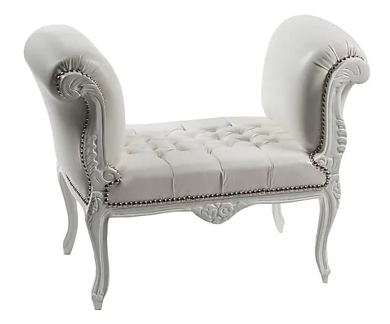 Divanetto barocco per salotto o camera da letto in legno ed ecopelle di colore bianco cm 90x45x70h