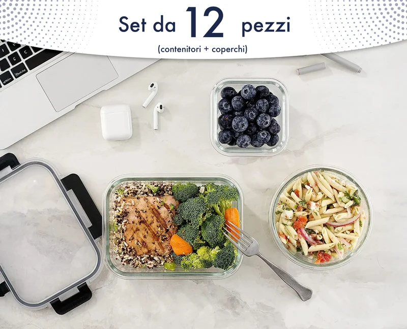 24 Pezzi Contenitori Ermetici Per Alimenti In Vetro Borosilicato 12 Contenitore 12 Coperchi Antiperdita Il Gruppone