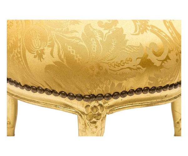 Pouf barocco rotondo in legno e tessuto a fiori color oro cm 36x36x30h