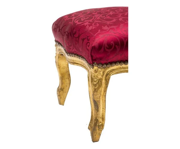 Pouf barocco quadrato in legno color oro e tessuto rosso a fiori cm 39x39x30h