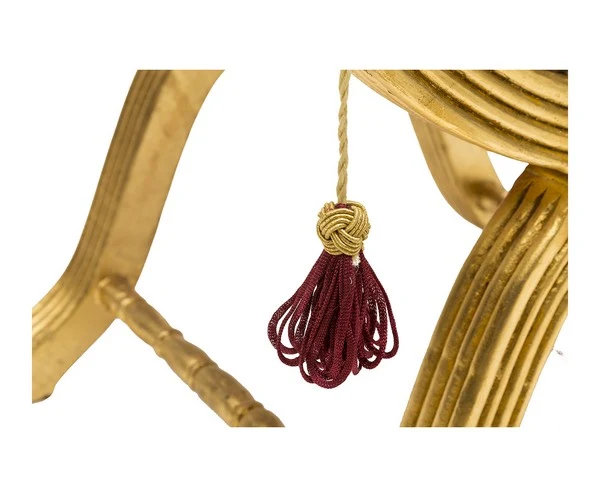 Panchetta barocco da camera o salotto in legno color oro seduta con cuscino tessuto rosso cm 76x47x57h
