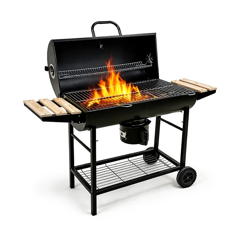 Barbecue a Carbone con Coperchio e Termometro, 2 Griglie in Acciaio