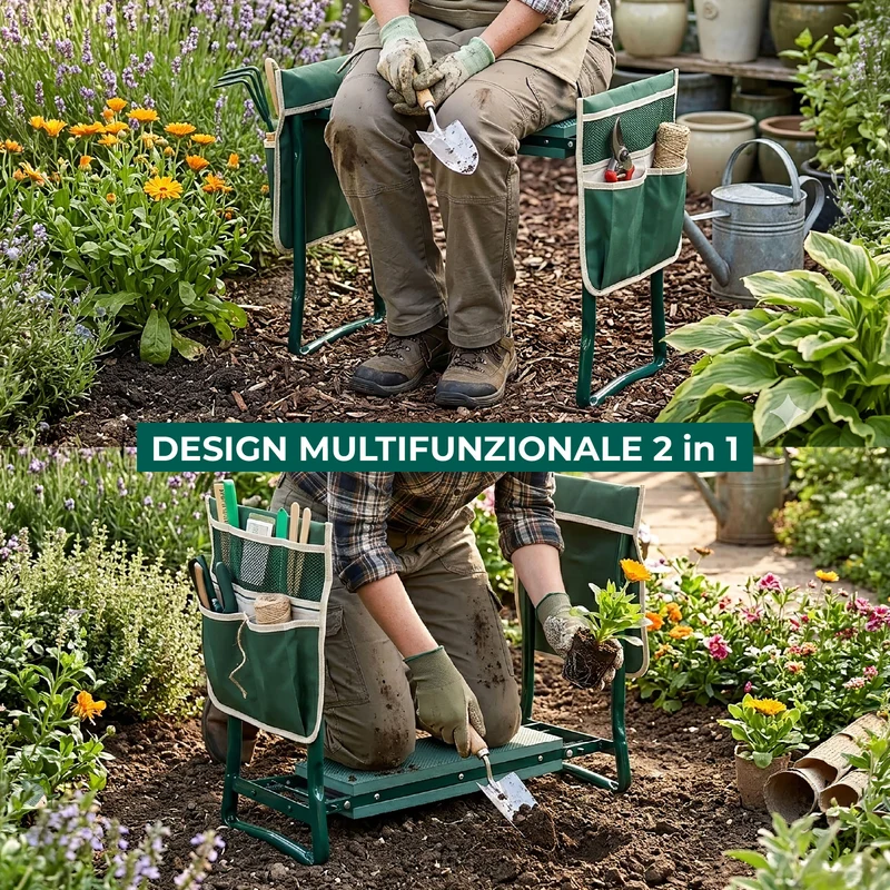 Sgabello Inginocchiatoio da Giardino Pieghevole con Tasche Porta Attrezzi Il Gruppone