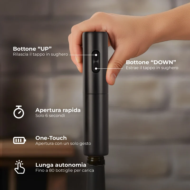 Cavatappi Elettrico Automatico + Tappo Sottovuoto per Bottiglie – Apertura One Touch,Conservazione Aromi, Design Elegante Nero