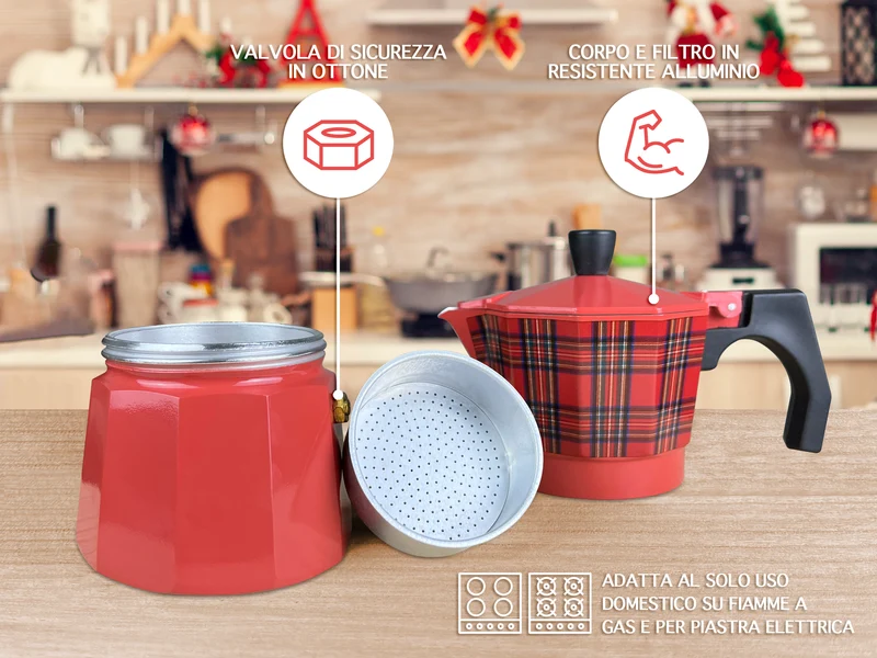 Caffettiera Moka Caffè 3 Tazze Fantasia Tartan Rosso In Alluminio Manico E Pomolo Termico Antiscottatura Per Fiamma Gas O Piastra Elettrica Idea Regalo Natale