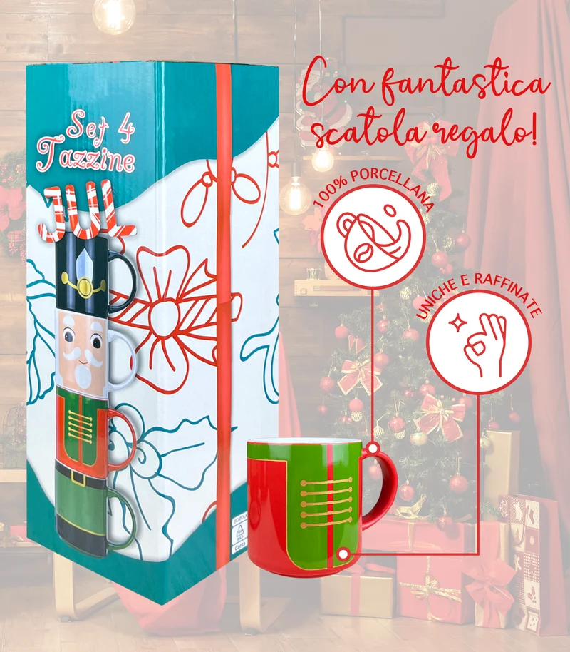 Set 4 Tazzine Da Caffè Con Supporto Fantasia Natale In Porcellana Idea Regalo Il Gruppone