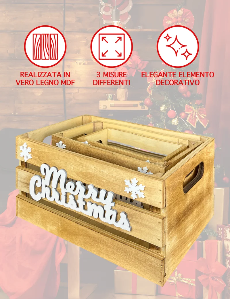 Set 3 Cassette In Legno Impilabili Fantasia Natale Merry Christmas Cassettina Il Gruppone