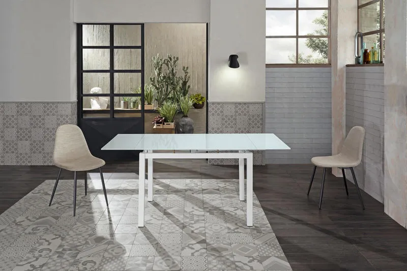 Baud - Tavolo da pranzo allungabile con piano in vetro bianco cm 75x110/170x75h