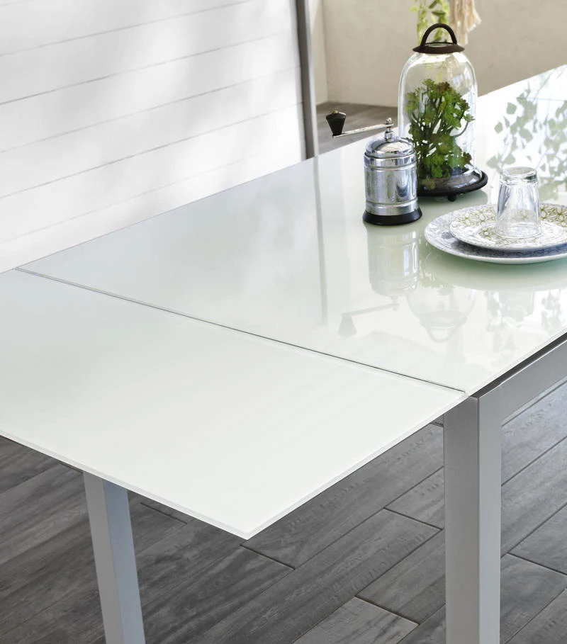 Baud - Tavolo da pranzo allungabile con piano in vetro bianco cm 75x110/170x75h