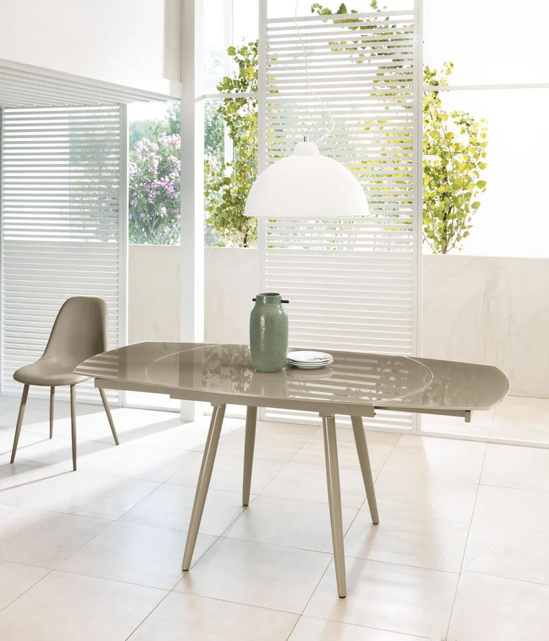 Kyoto Four - Tavolo allungabile in vetro e metallo tortora cm 90x120/180x76h
