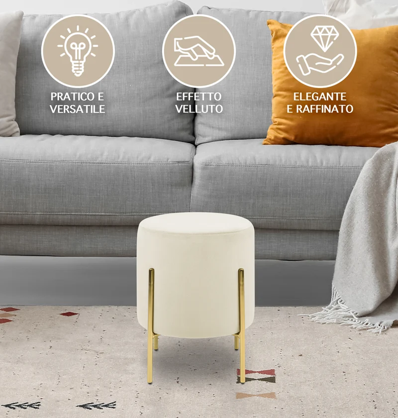 Pouf Poggiapiedi In Velluto Con Gambe Dorate Elegante Imbottito Rotondo Il Gruppone