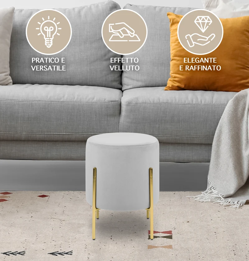 Pouf Poggiapiedi In Velluto Con Gambe Dorate Elegante Imbottito Rotondo Il Gruppone