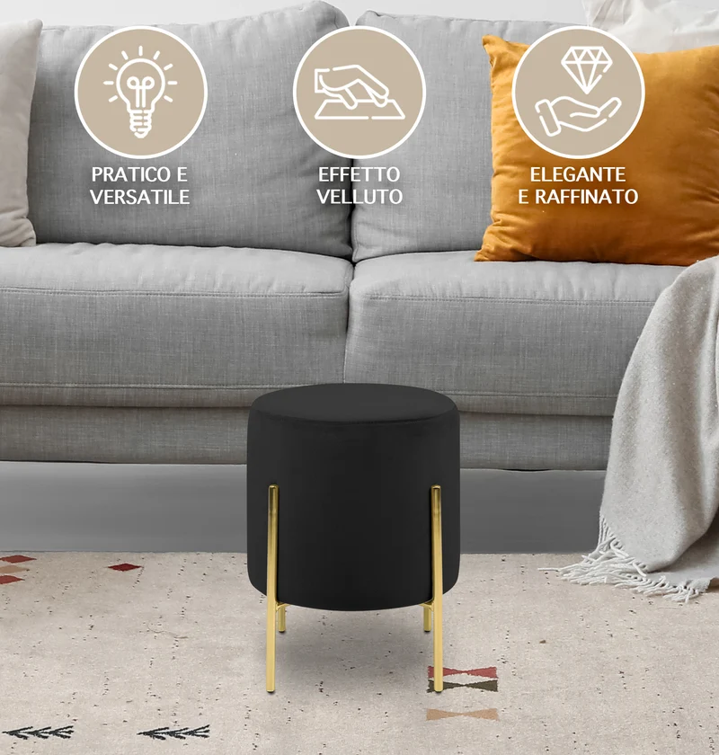 Pouf Poggiapiedi In Velluto Con Gambe Dorate Elegante Imbottito Rotondo Il Gruppone