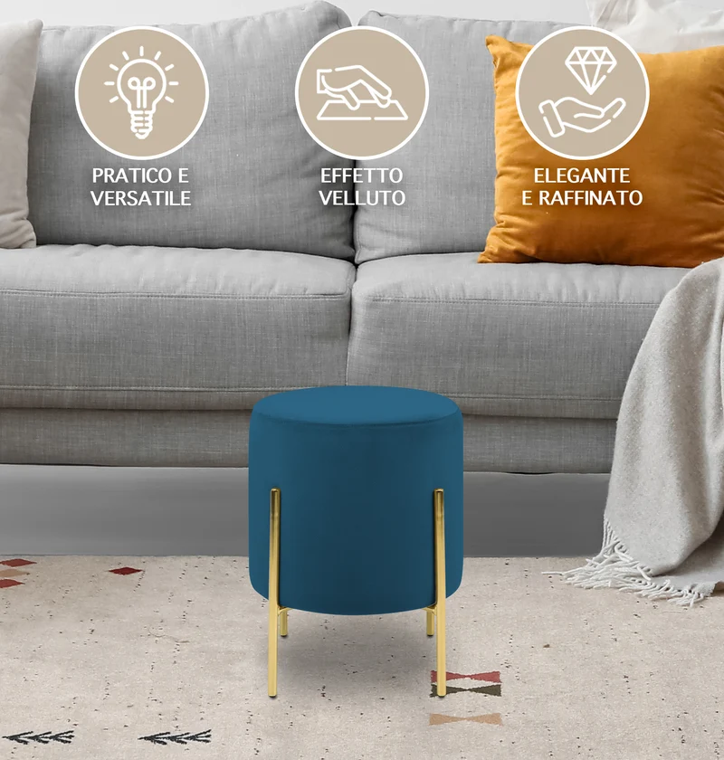 Pouf Poggiapiedi In Velluto Con Gambe Dorate Elegante Imbottito Rotondo Il Gruppone