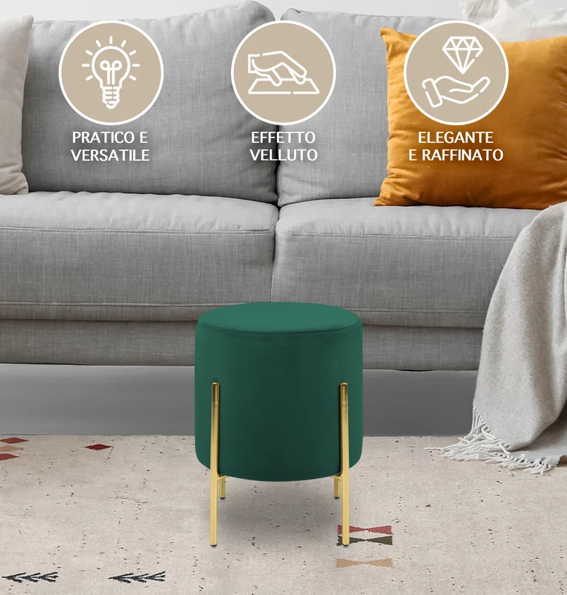 Pouf Poggiapiedi In Velluto Con Gambe Dorate Elegante Imbottito Rotondo Il Gruppone