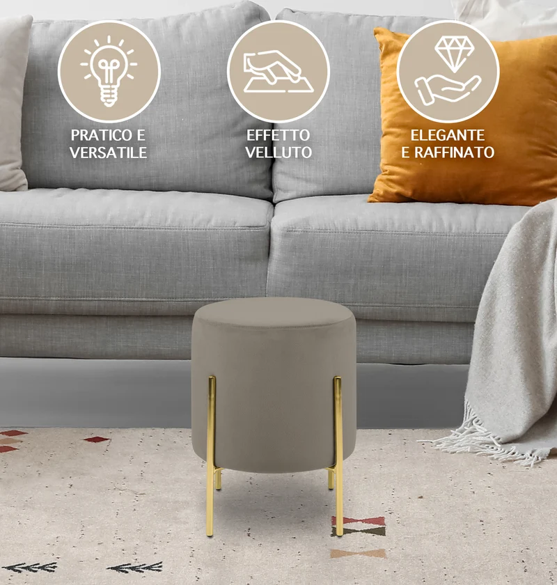 Pouf Poggiapiedi In Velluto Con Gambe Dorate Elegante Imbottito Rotondo Il Gruppone
