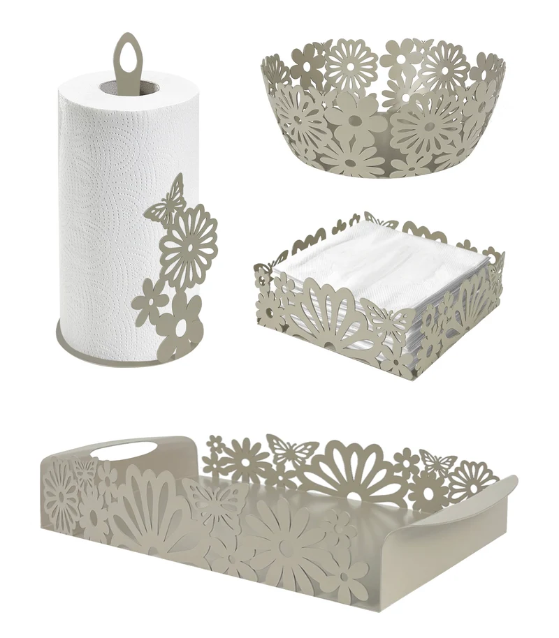 Set Accessori Cucina 2/4 Pezzi Porta Scottex Portatovaglioli Vassoio Grande Da Portata Portafrutta Centrotavola Metallo Design Moderno