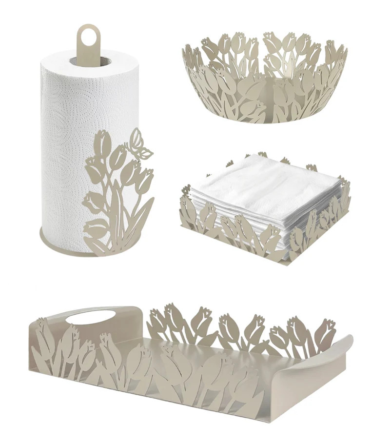 Set Accessori Cucina 2/4 Pezzi Porta Scottex Portatovaglioli Vassoio Grande Da Portata Portafrutta Centrotavola Metallo Design Moderno