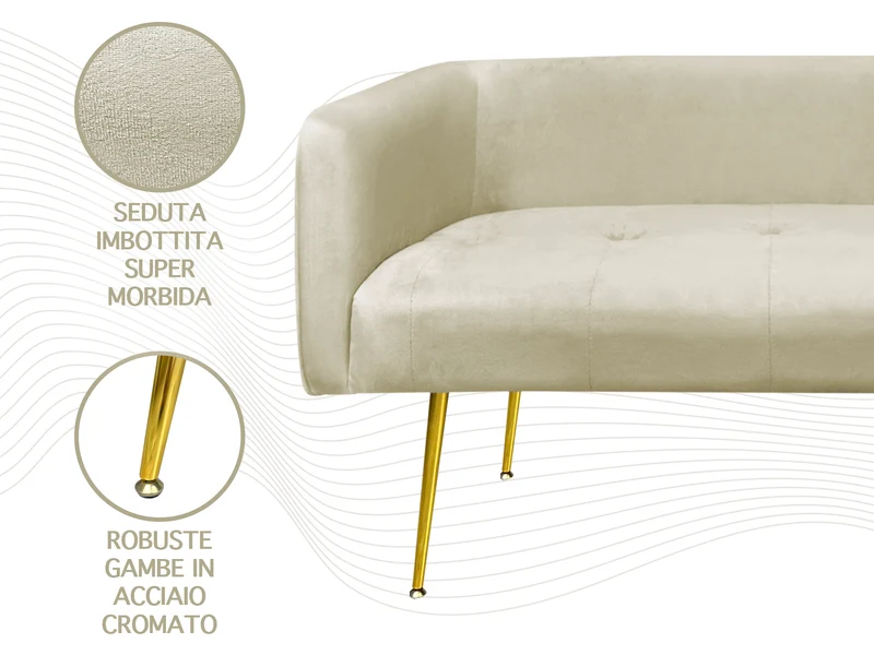 Divano in Velluto Gambe In Acciaio Color Oro Divanetto 2 Persone 126x49x57 cm Il Gruppone