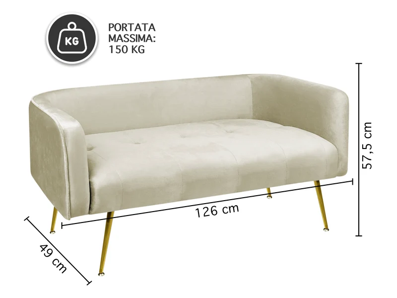 Divano in Velluto Gambe In Acciaio Color Oro Divanetto 2 Persone 126x49x57 cm Il Gruppone