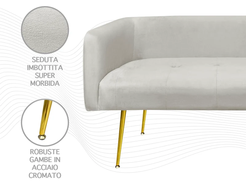 Divano in Velluto Gambe In Acciaio Color Oro Divanetto 2 Persone 126x49x57 cm Il Gruppone