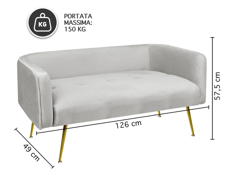 Divano in Velluto Gambe In Acciaio Color Oro Divanetto 2 Persone 126x49x57 cm Il Gruppone