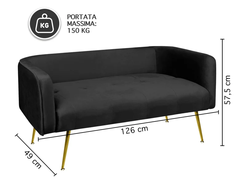 Divano in Velluto Gambe In Acciaio Color Oro Divanetto 2 Persone 126x49x57 cm Il Gruppone