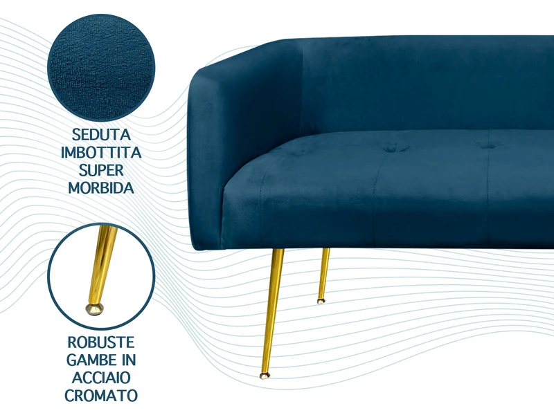 Divano in Velluto Gambe In Acciaio Color Oro Divanetto 2 Persone 126x49x57 cm Il Gruppone