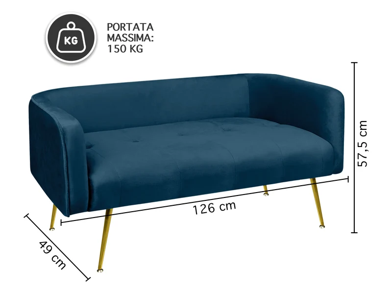 Divano in Velluto Gambe In Acciaio Color Oro Divanetto 2 Persone 126x49x57 cm Il Gruppone