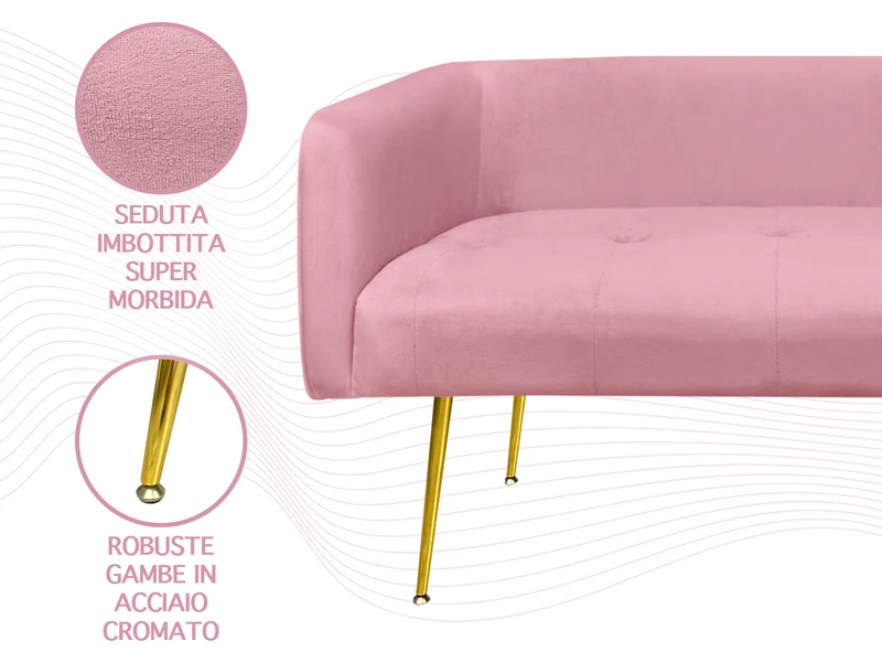 Divano in Velluto Gambe In Acciaio Color Oro Divanetto 2 Persone 126x49x57 cm Il Gruppone