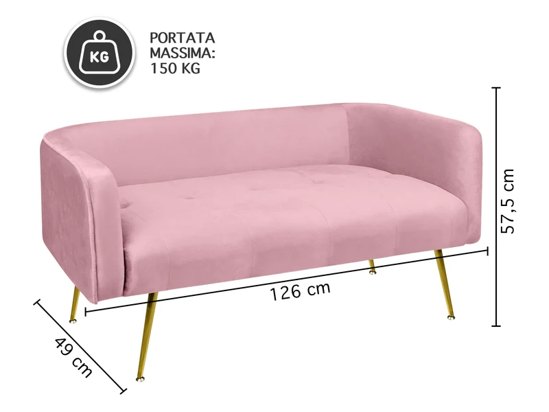Divano in Velluto Gambe In Acciaio Color Oro Divanetto 2 Persone 126x49x57 cm Il Gruppone