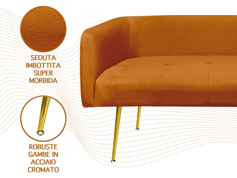 Divano in Velluto Gambe In Acciaio Color Oro Divanetto 2 Persone 126x49x57 cm Il Gruppone
