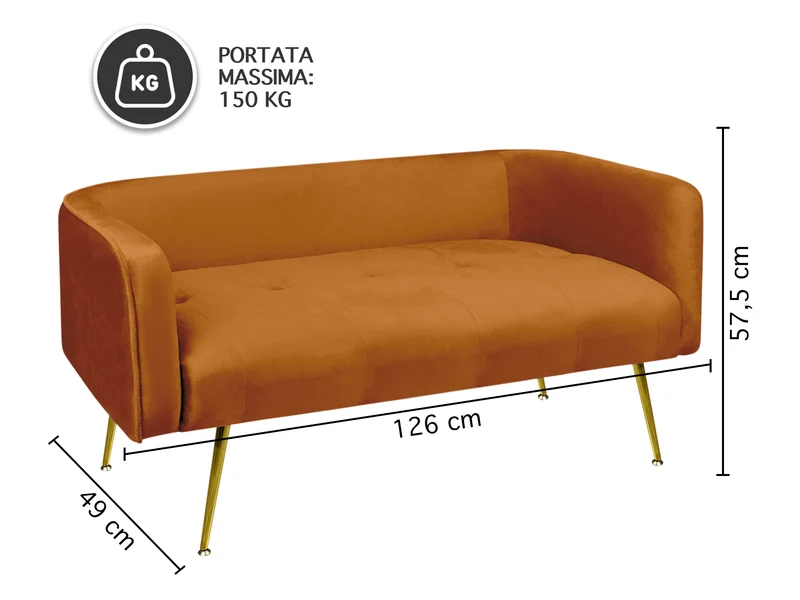 Divano in Velluto Gambe In Acciaio Color Oro Divanetto 2 Persone 126x49x57 cm Il Gruppone