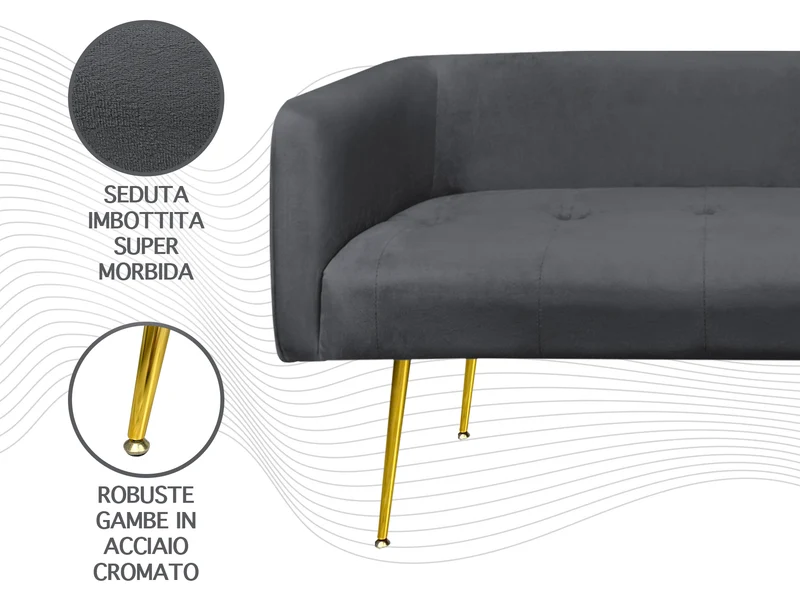 Divano in Velluto Gambe In Acciaio Color Oro Divanetto 2 Persone 126x49x57 cm Il Gruppone