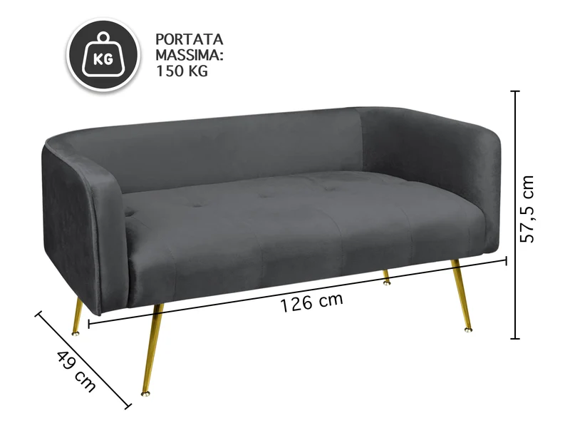 Divano in Velluto Gambe In Acciaio Color Oro Divanetto 2 Persone 126x49x57 cm Il Gruppone