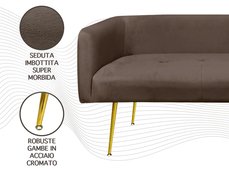 Divano in Velluto Gambe In Acciaio Color Oro Divanetto 2 Persone 126x49x57 cm Il Gruppone