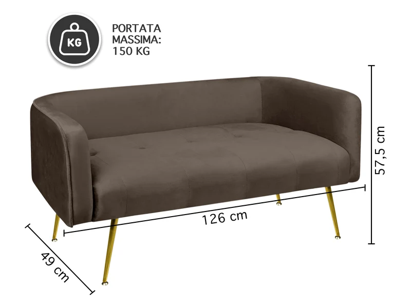 Divano in Velluto Gambe In Acciaio Color Oro Divanetto 2 Persone 126x49x57 cm Il Gruppone