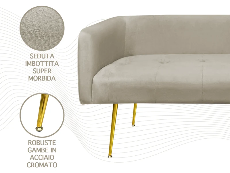 Divano in Velluto Gambe In Acciaio Color Oro Divanetto 2 Persone 126x49x57 cm Il Gruppone
