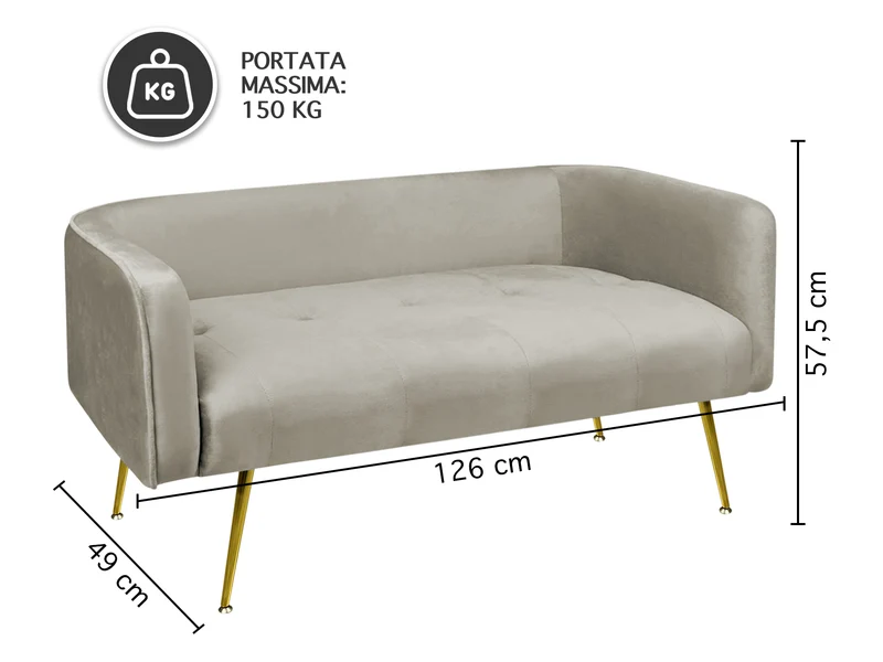 Divano in Velluto Gambe In Acciaio Color Oro Divanetto 2 Persone 126x49x57 cm Il Gruppone