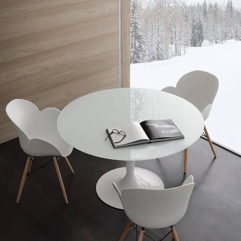 Bramante - Tavolo ovale moderno piano in vetro extrawhite e gamba centrale acciaio cm 110x160x75h