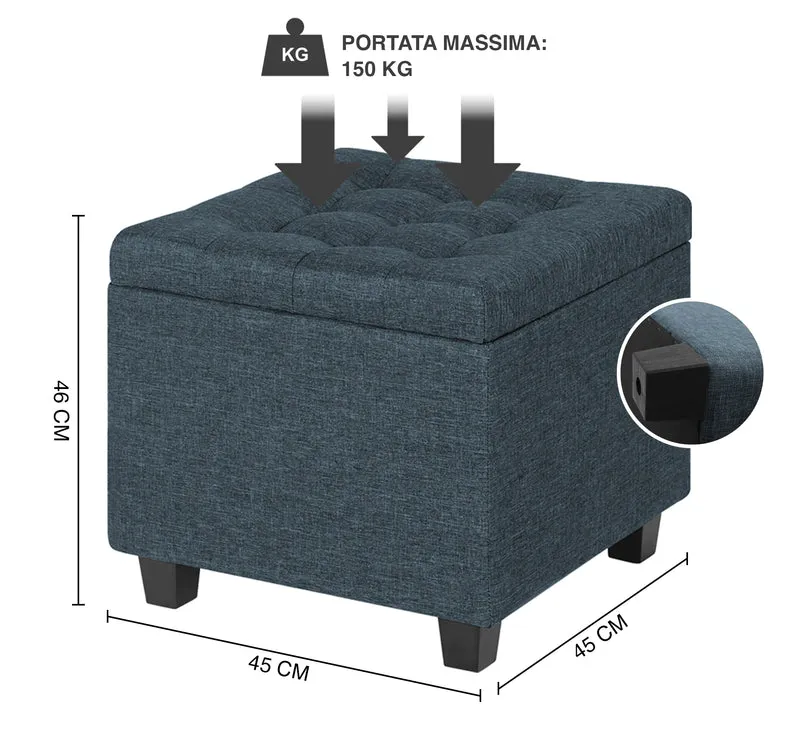 Pouf Poggiapiedi Cubico XXL Con Contenitore Integrato Cubo Imbottito Lino 45Cm Il Gruppone