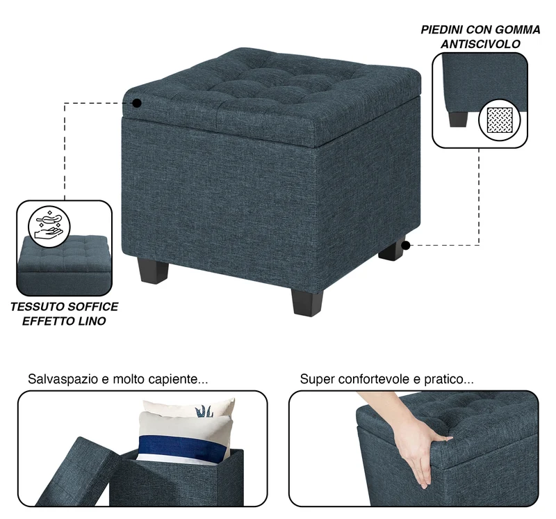Pouf Poggiapiedi Cubico XXL Con Contenitore Integrato Cubo Imbottito Lino 45Cm Il Gruppone