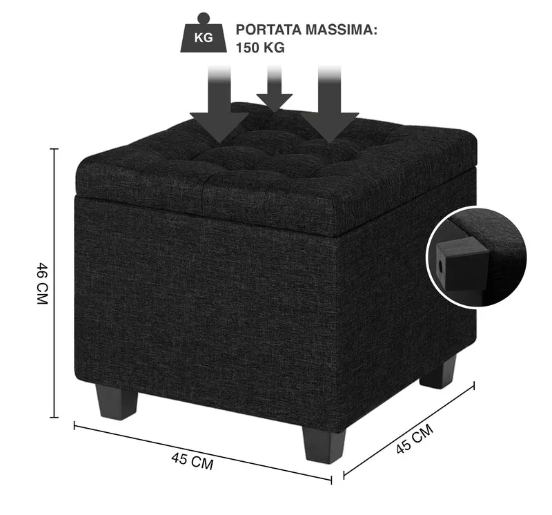 Pouf Poggiapiedi Cubico XXL Con Contenitore Integrato Cubo Imbottito Lino 45Cm Il Gruppone