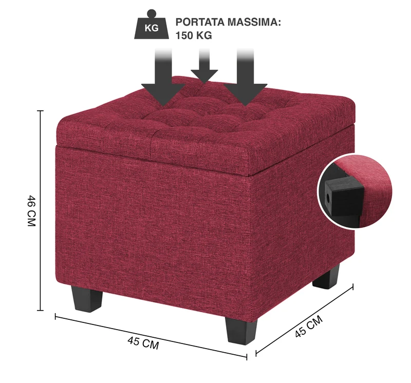 Pouf Poggiapiedi Cubico XXL Con Contenitore Integrato Cubo Imbottito Lino 45Cm Il Gruppone
