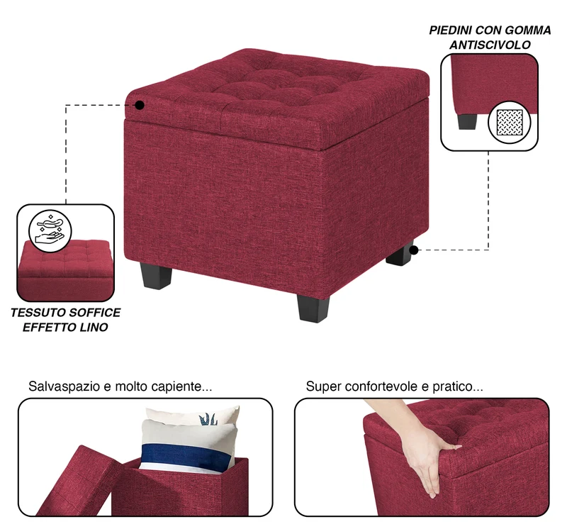 Pouf Poggiapiedi Cubico XXL Con Contenitore Integrato Cubo Imbottito Lino 45Cm Il Gruppone