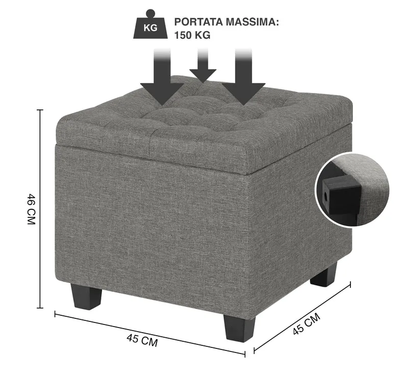 Pouf Poggiapiedi Cubico XXL Con Contenitore Integrato Cubo Imbottito Lino 45Cm Il Gruppone