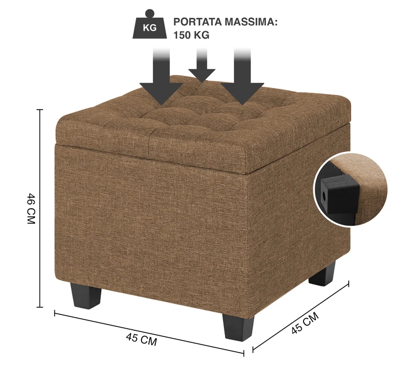 Pouf Poggiapiedi Cubico XXL Con Contenitore Integrato Cubo Imbottito Lino 45Cm Il Gruppone
