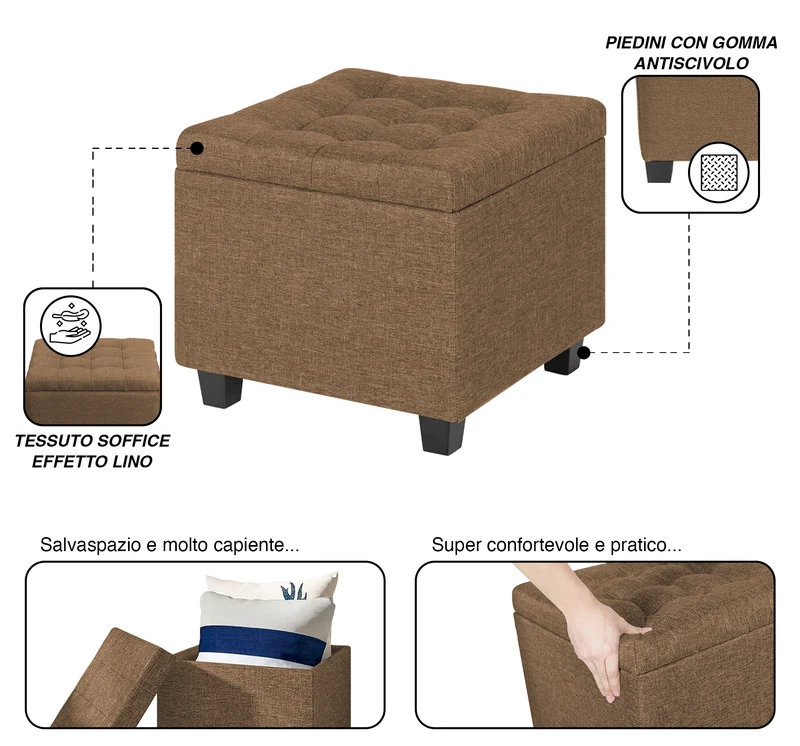 Pouf Poggiapiedi Cubico XXL Con Contenitore Integrato Cubo Imbottito Lino 45Cm Il Gruppone
