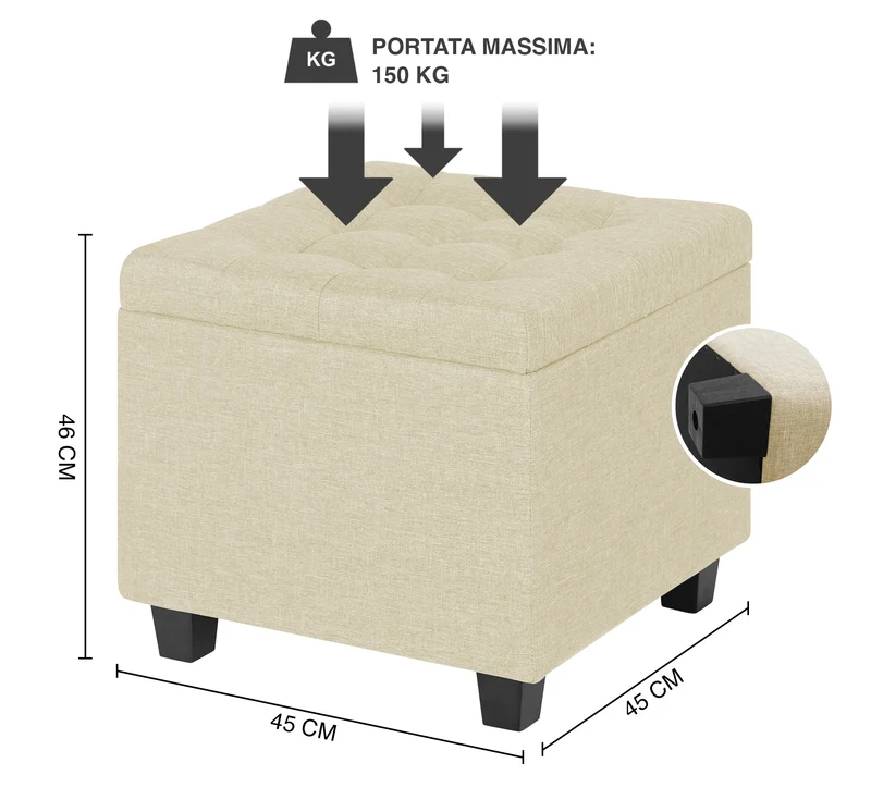 Pouf Poggiapiedi Cubico XXL Con Contenitore Integrato Cubo Imbottito Lino 45Cm Il Gruppone