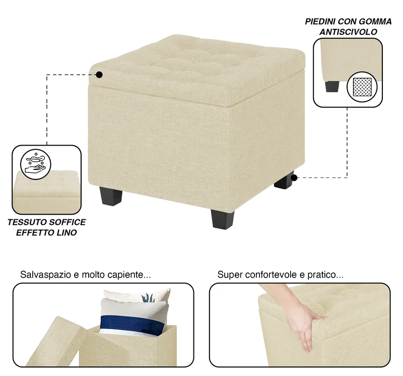 Pouf Poggiapiedi Cubico XXL Con Contenitore Integrato Cubo Imbottito Lino 45Cm Il Gruppone